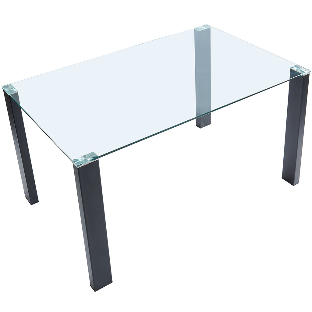 Vespa | Modern Glass Top Dining Table, Stainless Steel Wrapped Wooden Legs, 4 Seater, 201-577BK