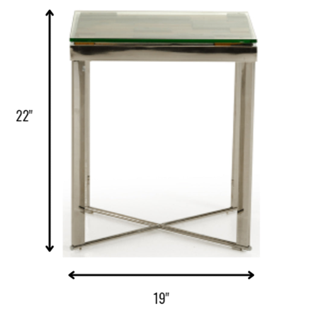 Mosaic Wood End Table, Glass Top, Stainless Steel Frame, 283176