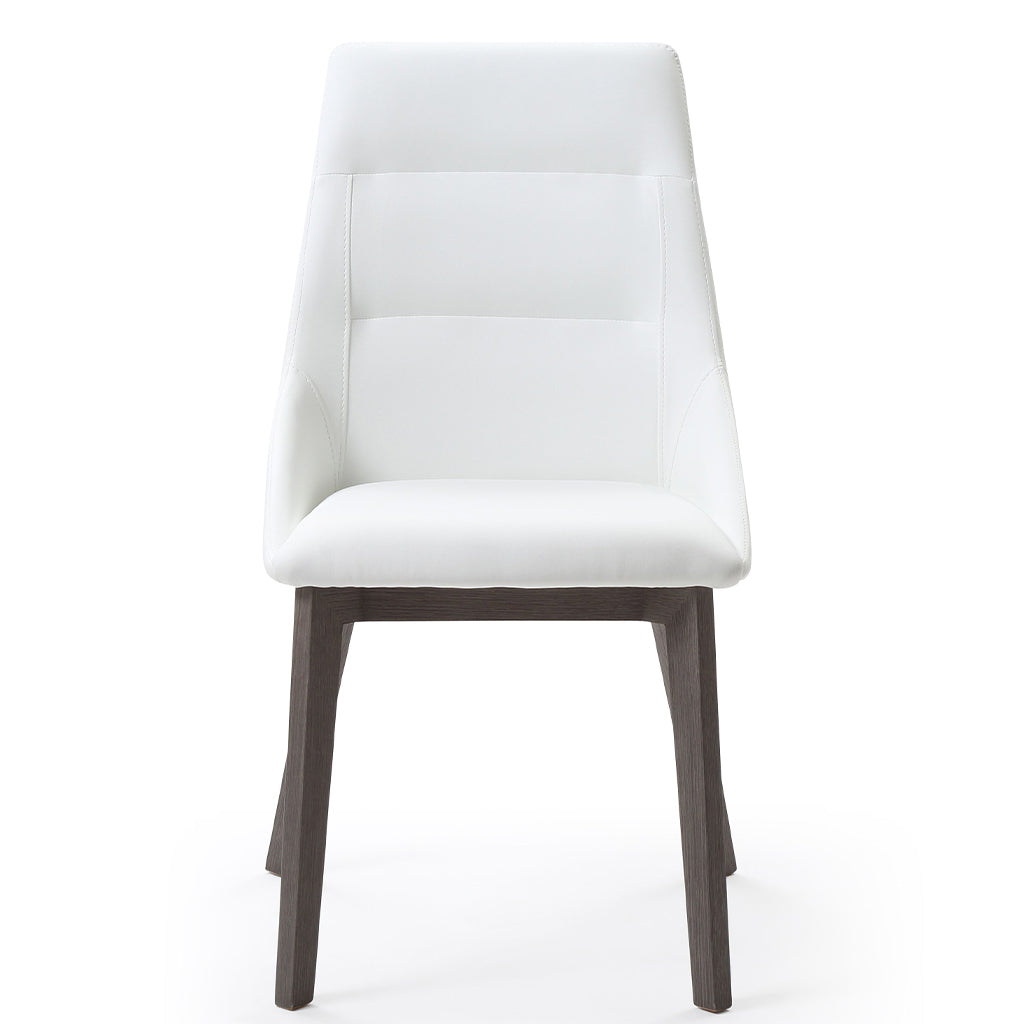 Whiteline Modern Living Siena Dining Chair featuring white faux leather upholstery and solid wood legs.