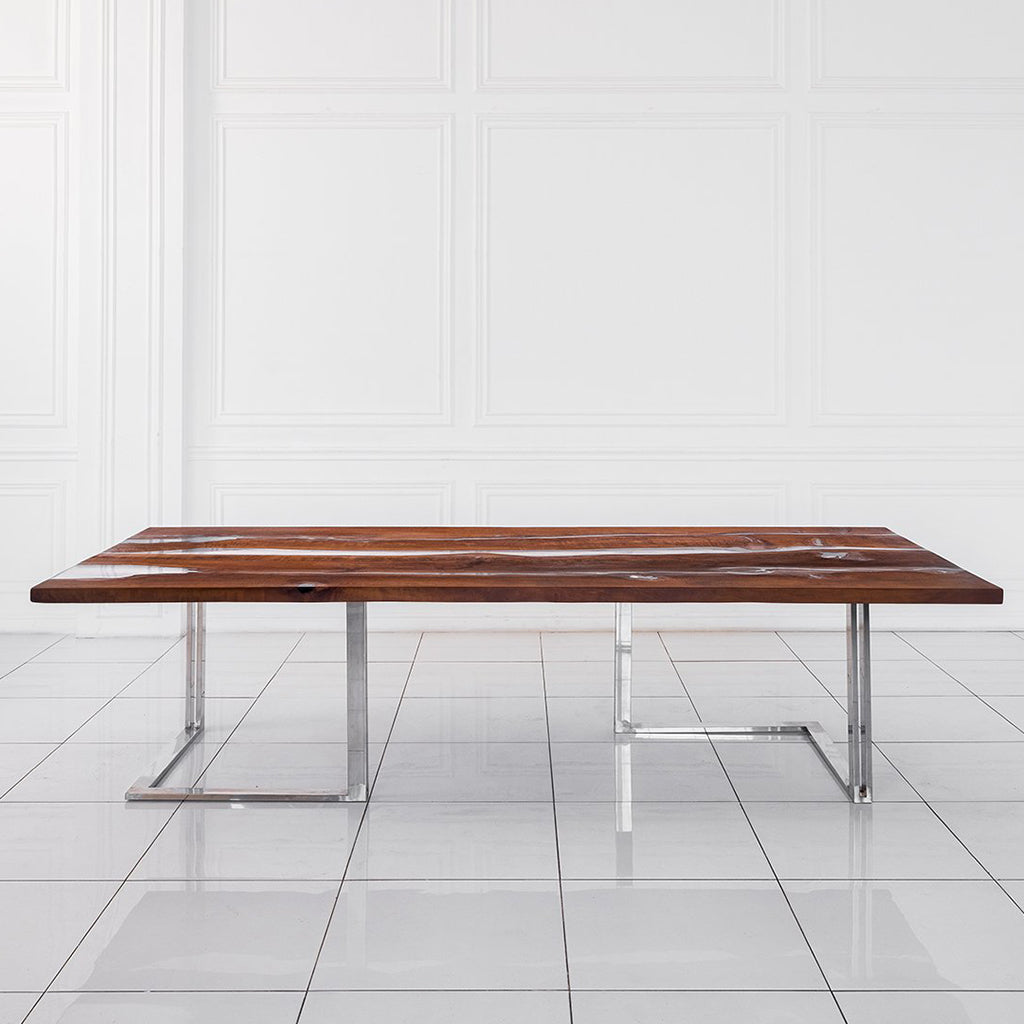 Lesnoy | Polymer Resin Hand Made Dining Table, Rectangular, Pear Tree Wood, Stainless Steel Legs, MHM012, Brand: Maxima House, Size: 116.5inW x 49inD x 29.5inH, Weight: 450lb, Shape: Rectangular, Material: Top: Solid Pear Tree Wood filled with Polymer Resin Legs: Stainless Steel, Seating Capacity: Seats 8-10 people, Color: Natural Wood Color