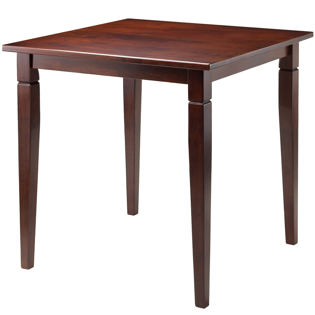 Square walnut wood dining table with tapered legs and a warm walnut finish, perfect for small spaces.