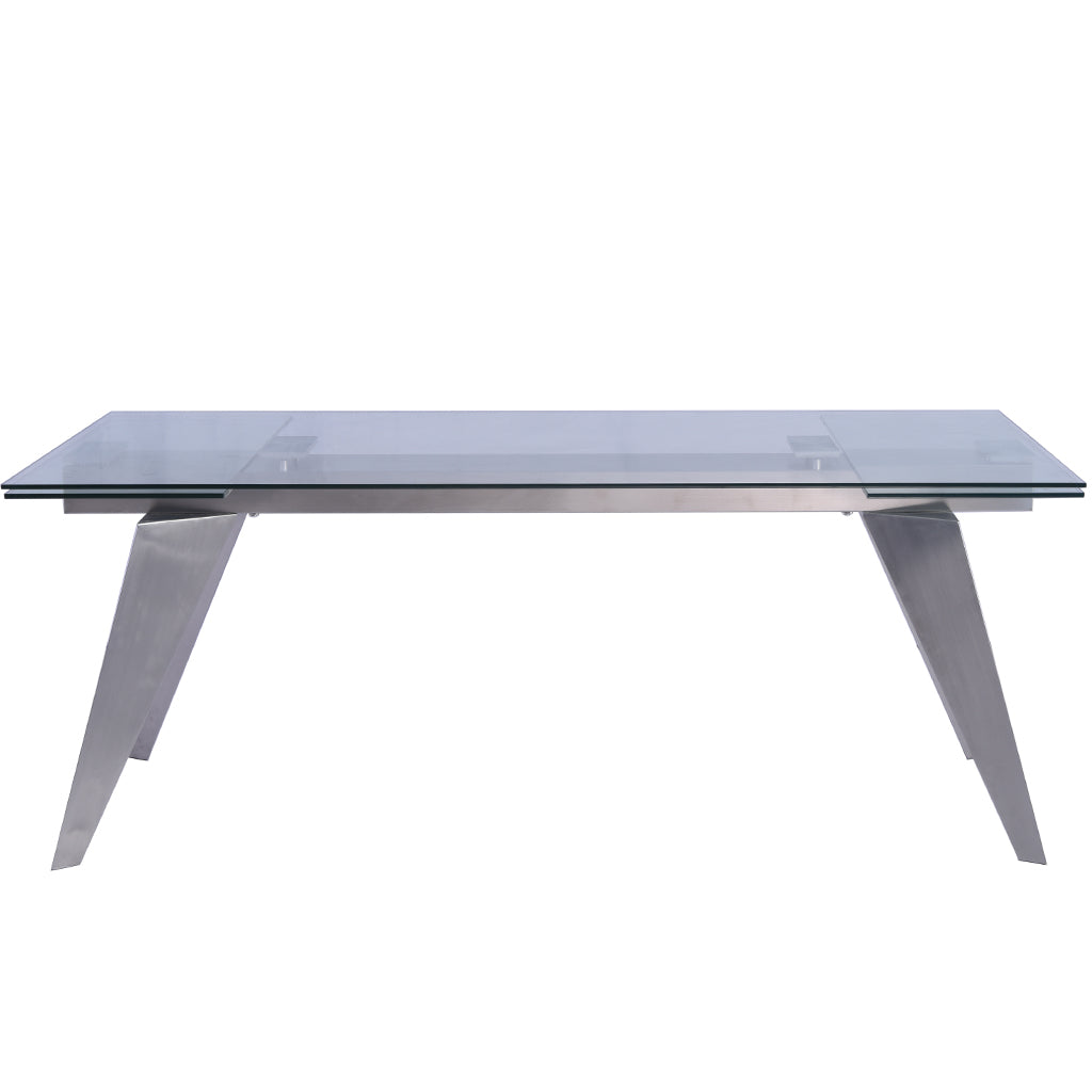 Solid Glass Table, Rectangular, Tempered Glass Top, Stainless Steel Mechanism, Stainless Steel Legs, DT1427 Brand: Whiteline Modern Living; Size: 79inW x 40inD x 31inH Extended: 110inW x 40inD x 31inH; Weight: 301lb; Shape: Rectangular Material: Top: 1/2" Tempered Clear Glass; Mechanism: Stainless Steel; Legs: Stainless Steel Seating Capacity: Seats 6-8 people; Color: Stainless Steel Color