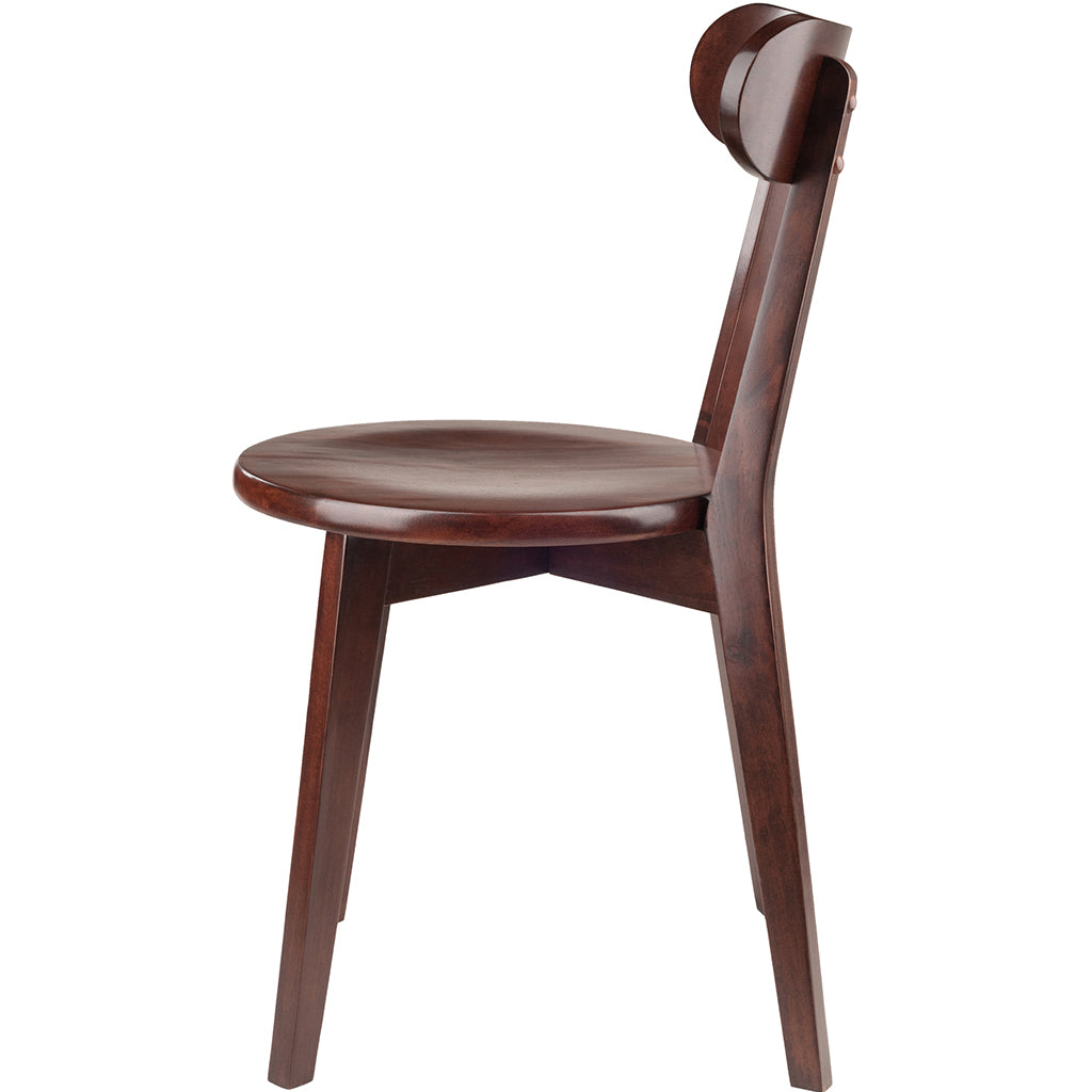 Set of two vintage-style walnut wood dining chairs with flared legs and a rich walnut finish, perfect for dining or game rooms.