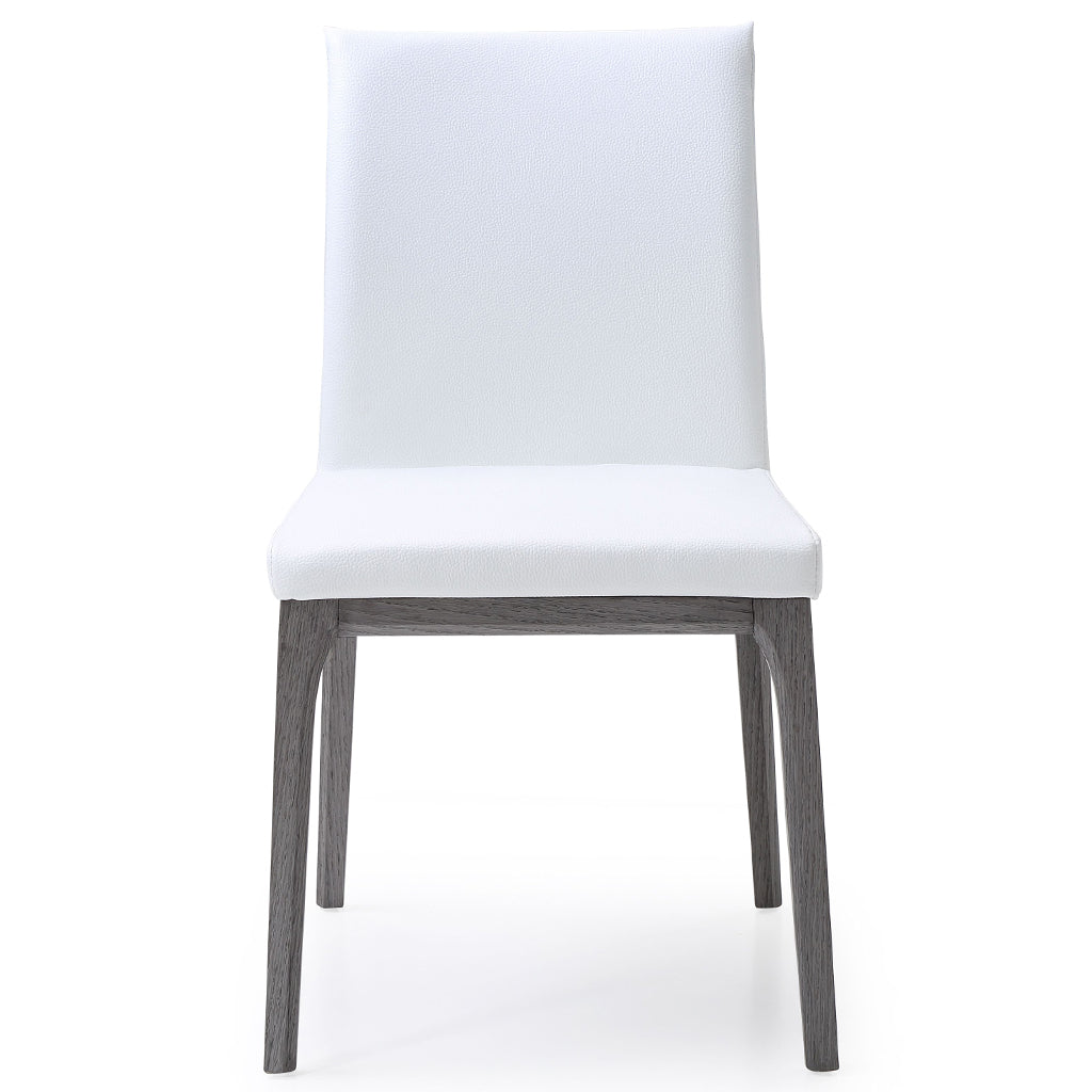 Stella Dining Chair, Set of 2, White & Gray Oak, Faux Leather, Solid Wood Gray Oak Base, DC1454-GRY/WHT, Brand: Whiteline Modern Living Size: 20inW x 23inD x 35inH, Seat Height: 19in/ 48.25cm, Weight: 17lb, Material: Faux leather & solid oak wood, Color: White, gray base, Assembly Required: No, Weather Resistant: No