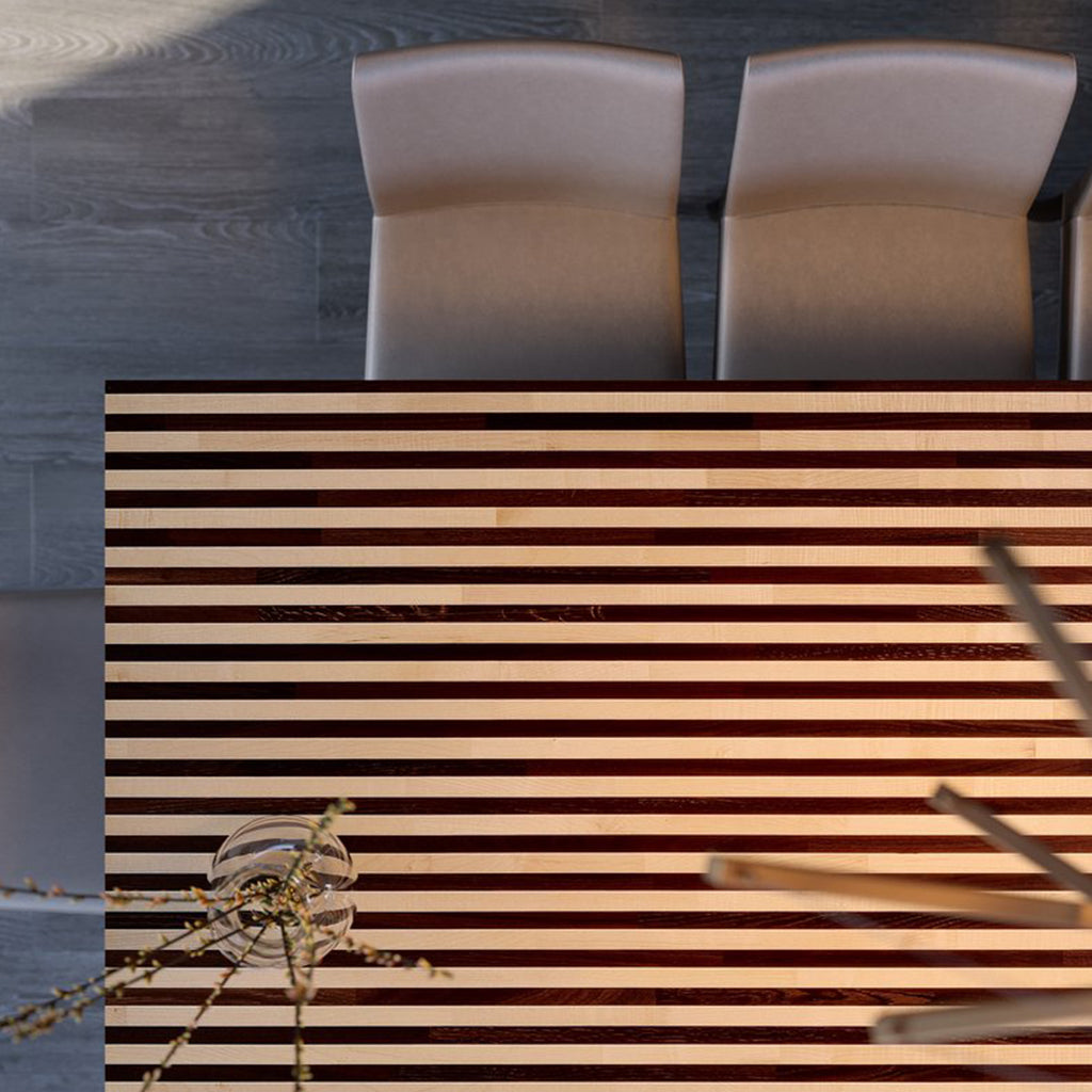 Genoa | Striped Top Dining Table, 8 Seater, Rectangular, Solid Oak Wood, MH005 Brand: Maxima House, Size: 74.4inW x 38.9inD x 29.5inH Weight: 175lb, Shape: Rectangular, Material: Top: Solid Oak Wood Seating Capacity: Seats 6-8 people, Color: Top: Brown & White , Base: Black