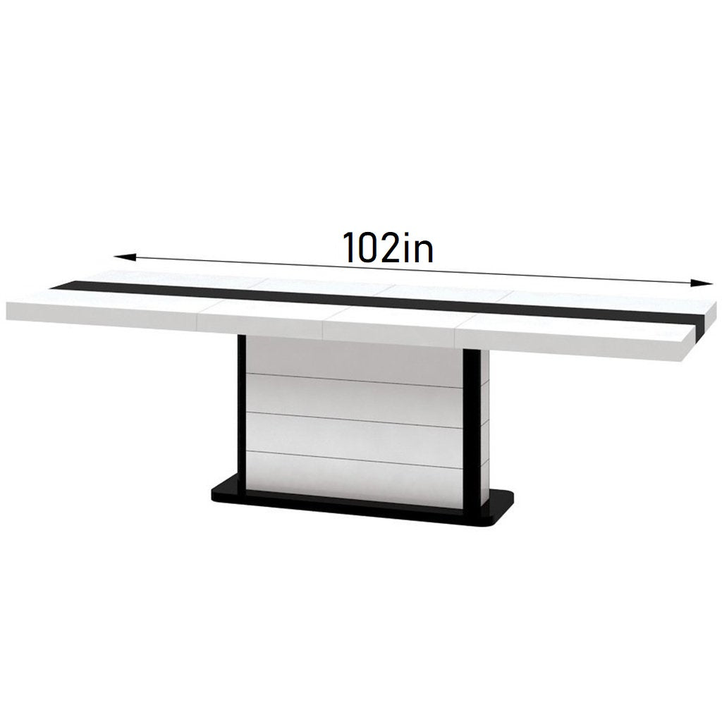 Pianosa 100 inch Double Leaf Extension Dining Table, Rectangular, MDF, HU0007 Brand: Maxima House, Size: 62.9 (82- 102)inW x 35inD x 29.5inH, Weight: 174.2lb, Shape: Rectangular, Material: MDF, Seating Capacity: Seats 8-10 people, Color: Black & White