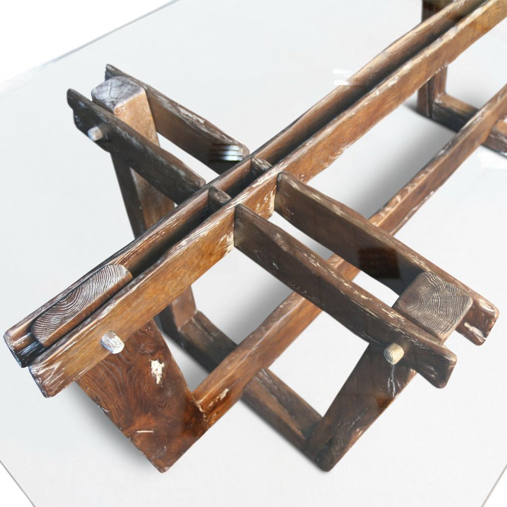 Frams | 100inch Modern Rustic Dining Table, Glass Top Oak Wood Base, SCANDI049
