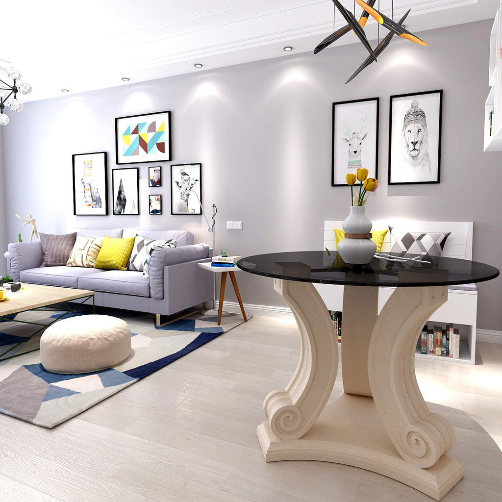Glass Entry Table, Round, Limestone Base, Glass Top TB-G3429-42 Brand: Anderson Teak Size: 34inW x 34inD x 29inH (Base); 42″W 42″W (Glass Top) Weight: 150lb; Shape: Round; Material: Base: Limestone ; Top: 3/8" thick glass; Color: White Natural Limestone Color