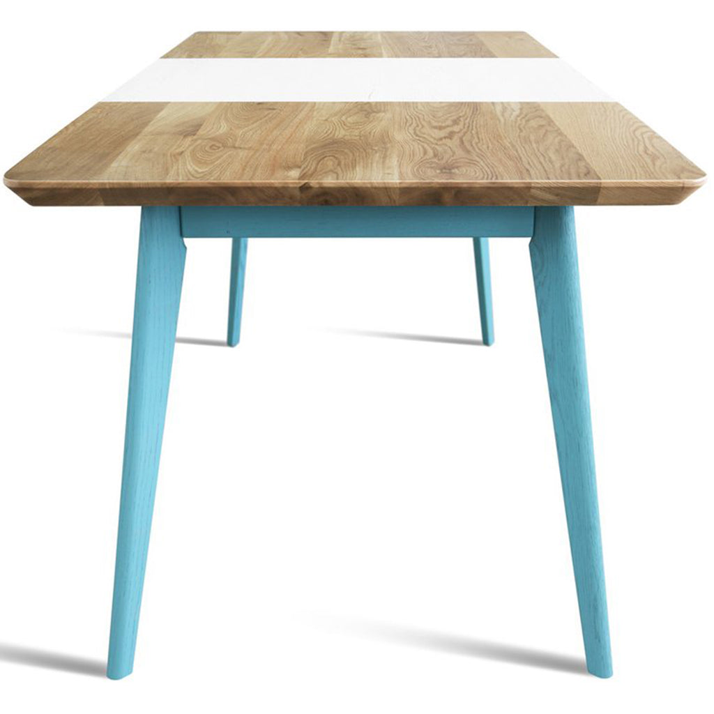Nordik Teal & White Rectangular Oak Wood Beam Dining Table For 8, SCANDI004 Brand: Maxima House, Size: 78.5inW x 35.4inD x 29.9inH, 200cmW x 90cmD x 76cmH, Weight: 163lb, 74kg, Shape: Rectangular, Material: Oak Wood, Seating Capacity: Seats 6-8 people, Color: Natural Light Wood & White, Legs: Teal, How To Clean: 1. Wipe clean with damp cloth 2. Wipe dry with clean cloth immediately
