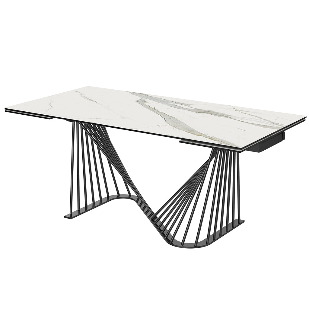 Roma | Black And White Extendable Dining Тable, Rectangular, Glass And Ceramic Top, Metal Base, DT1633E-WHT Brand: Whiteline Modern Living Size: 71inW x 35inD x 30inH, Extended: 102inW x 35inD x 30inH Weight: 225lb, Shape: Rectangular Material: Top: Glass & White Ceramic, Base: Black Powder quoted metal base Seating Capacity: Seats 6-8 people, Color: White Top, Black Base
