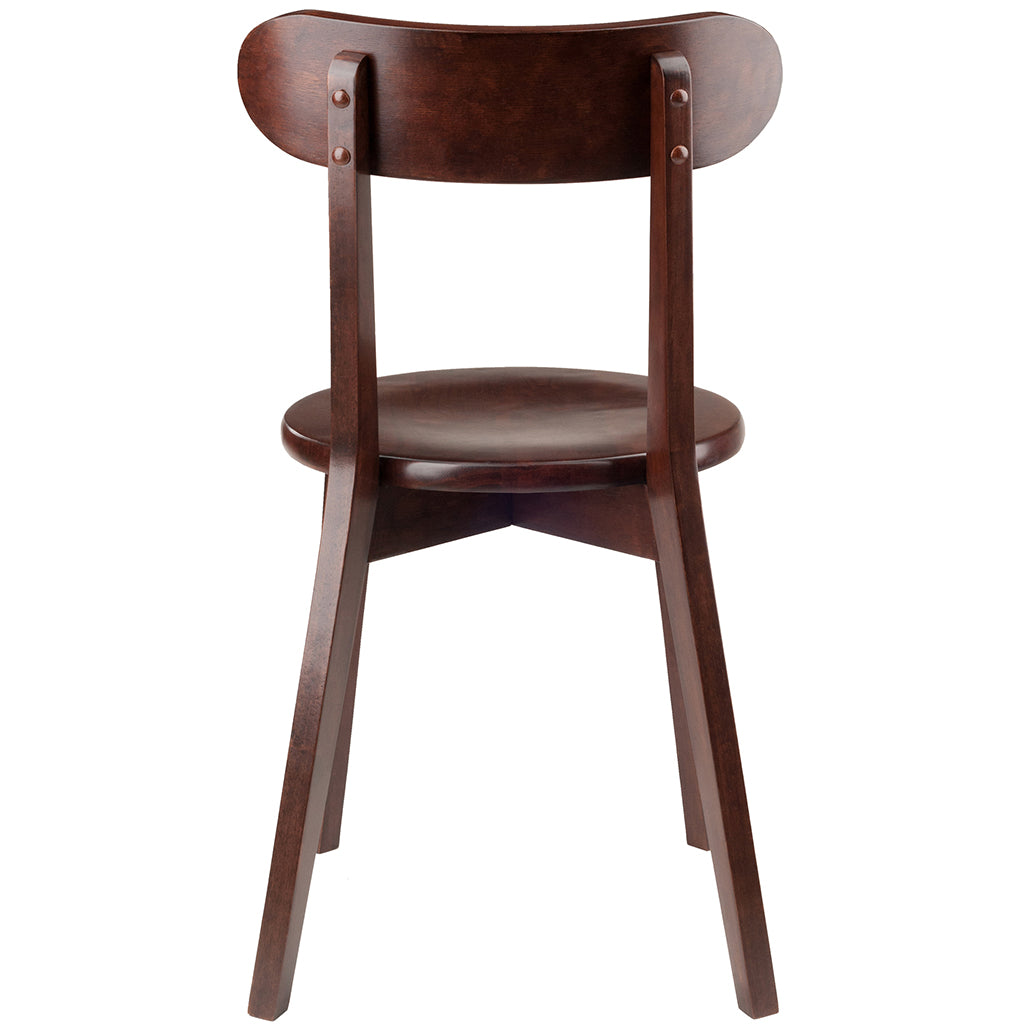 Set of two vintage-style walnut wood dining chairs with flared legs and a rich walnut finish, perfect for dining or game rooms.