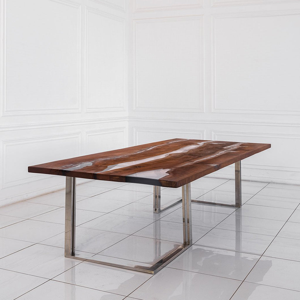 Lesnoy | Polymer Resin Hand Made Dining Table, Rectangular, Pear Tree Wood, Stainless Steel Legs, MHM012, Brand: Maxima House, Size: 116.5inW x 49inD x 29.5inH, Weight: 450lb, Shape: Rectangular, Material: Top: Solid Pear Tree Wood filled with Polymer Resin Legs: Stainless Steel, Seating Capacity: Seats 8-10 people, Color: Natural Wood Color