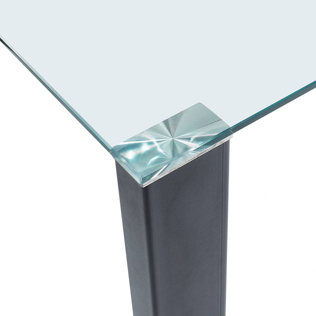 Vespa | Modern Glass Top Dining Table, Stainless Steel Wrapped Wooden Legs, 4 Seater, 201-577BK