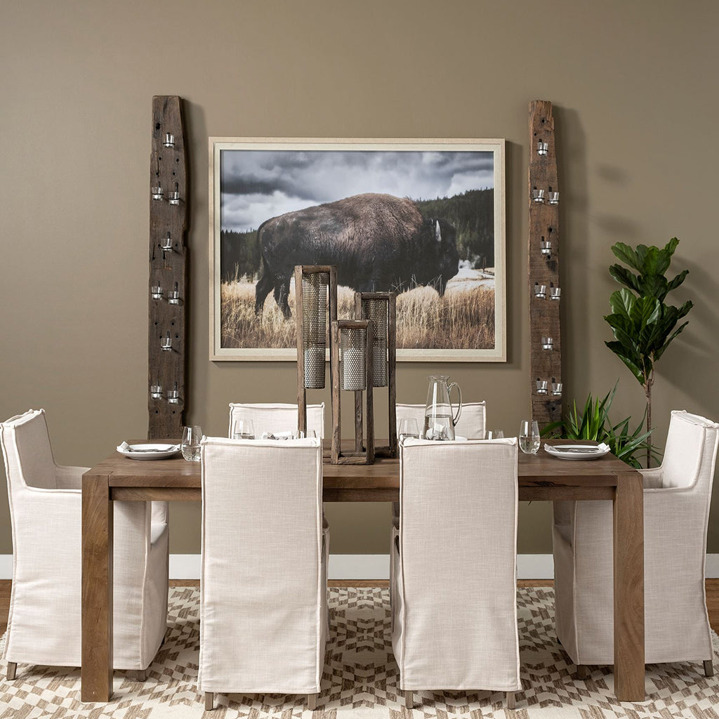 Cream Fabric Slip Cover With Brown Wooden Base Dining Chair