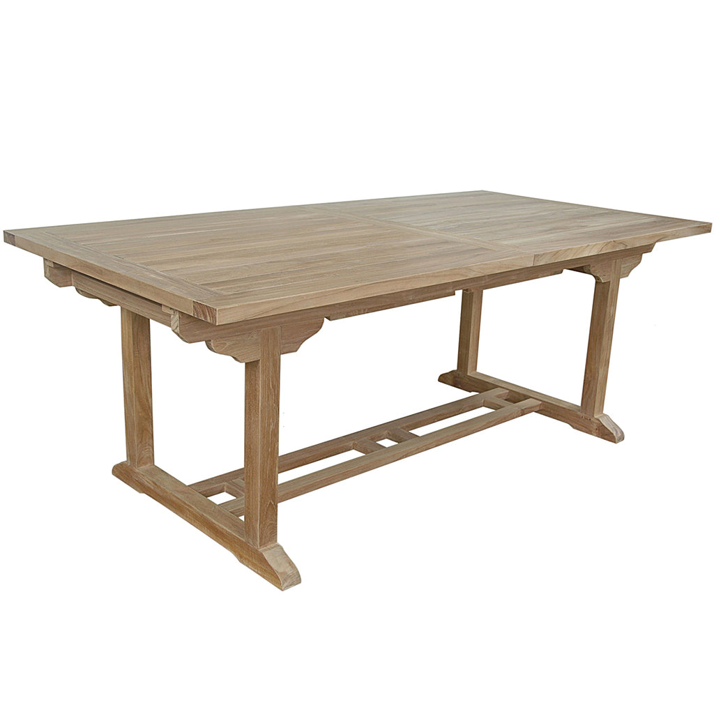 Bahama | 10-Foot Extension Outdoor Table, Rectangular, Teak Wood TBX-010R Brand: Anderson Teak; Size: 118inW x 39inD x 29inH Weight: 185lb; Shape: Rectangular; Material: Teak Wood Seating Capacity: Seats 8-10 people; Color: Neutral teak color; light wood