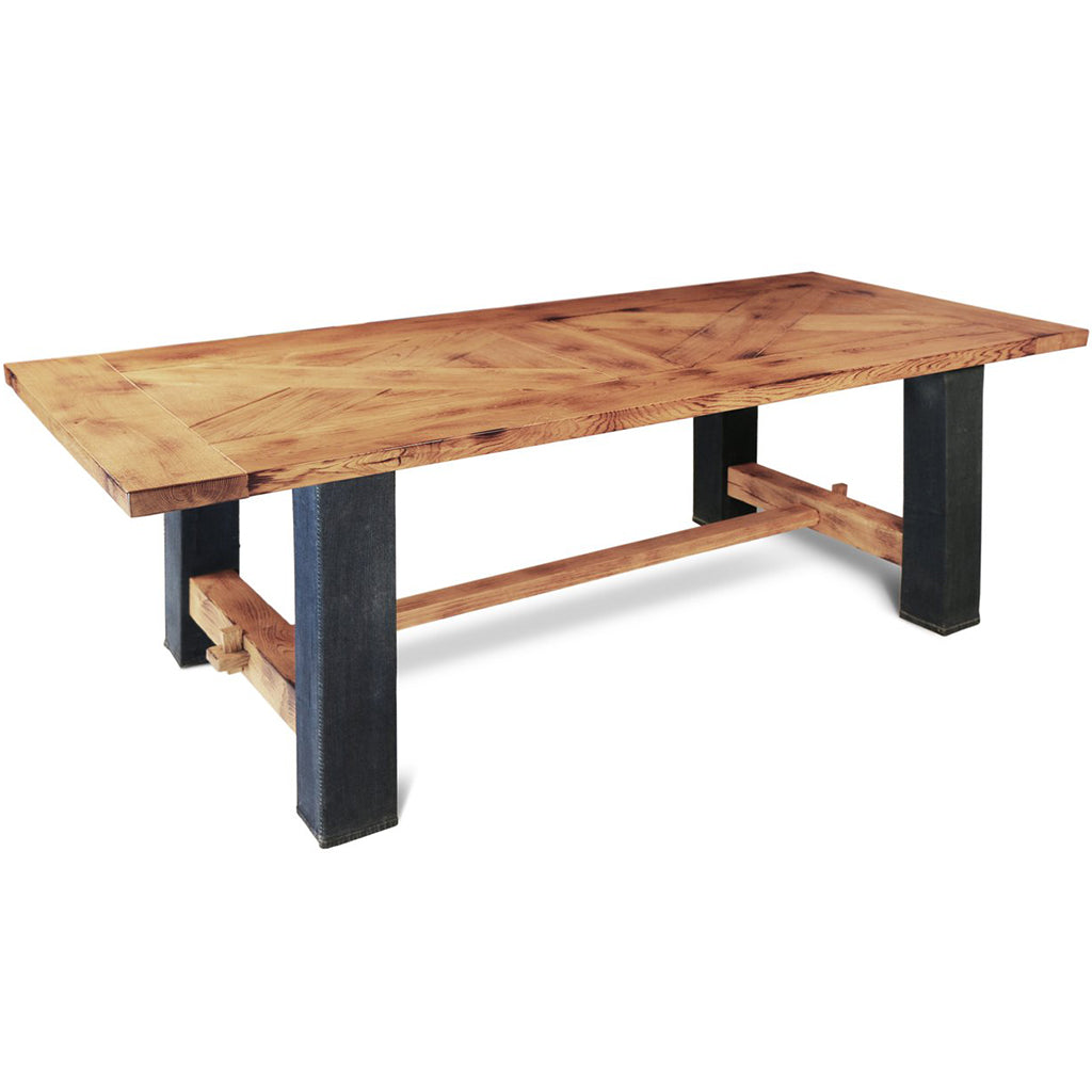 Britt-Jeans Handmade Denim Upholstered Unique Dining Table, Rectangular Farmhouse Style, Solid Oak Wood, SCANDI064, Brand: Maxima House, Size: 86.5inW x 39inD x 30.5inH, Weight: 331lb, Shape: Rectangular, Material: Solid Oak Wood top, denim upholstered table legs (nice and modern look, unique design), Seating Capacity: Seats 6-8 people, Color: Natural Wood Color