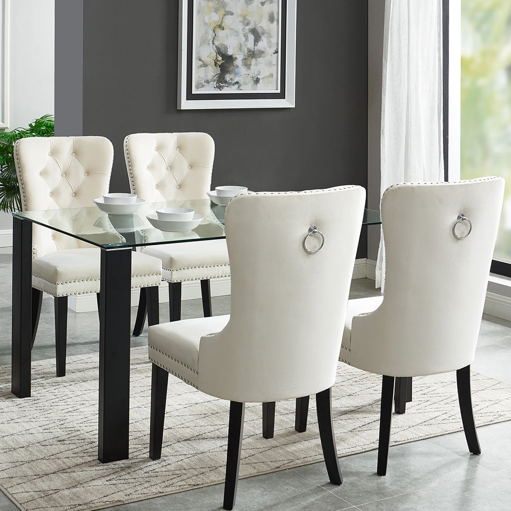 Vespa | Modern Glass Top Dining Table, Stainless Steel Wrapped Wooden Legs, 4 Seater, 201-577BK