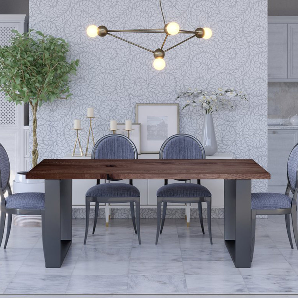 Napoli | Solid Wood Table With U Shape Metal Legs For 8, Rectangular, Solid Oak Wood, MH006 Brand: Maxima House, Size: 74.4inW x 38.9inD x 29.5inH, Weight: 145.4lb Shape: Rectangular, Material: Top: Solid Oak Wood, Legs: Metal Seating Capacity: Seats 6-8 people, Color: Top: Dark Wood Color, Base: Black