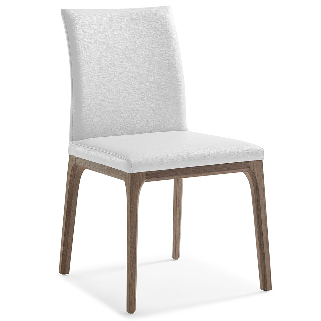 Stella Dining Chair, Set of 2, White, Faux Leather, Solid Walnut Veneer Base, DC1454-WLT/WHT, Brand: Whiteline Modern Living, Size: 20inW x 23inD x 35inH Seat Height: 19in/ 48.25cm, Weight: 17lb, Material: Faux leather & solid walnut wood Color: White, walnut veneer base, Assembly Required: No, Weather Resistant: No
