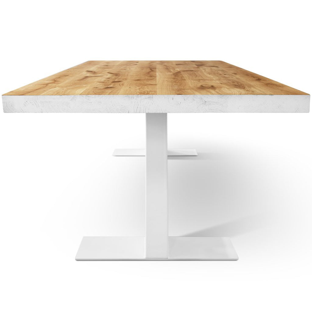 Grog Handmade White Base Farmhouse Style Dining Table For 10, Solid Oak Wood, SCANDI069, Brand: Maxima House, Size: 94.5inW x 39inD x 29.5inH, Weight: 199lb, Shape: Rectangular, Material: Solid Oak Wood, Seating Capacity: Seats 8-10 people, Color: Base: White, Top: Light Wood Color