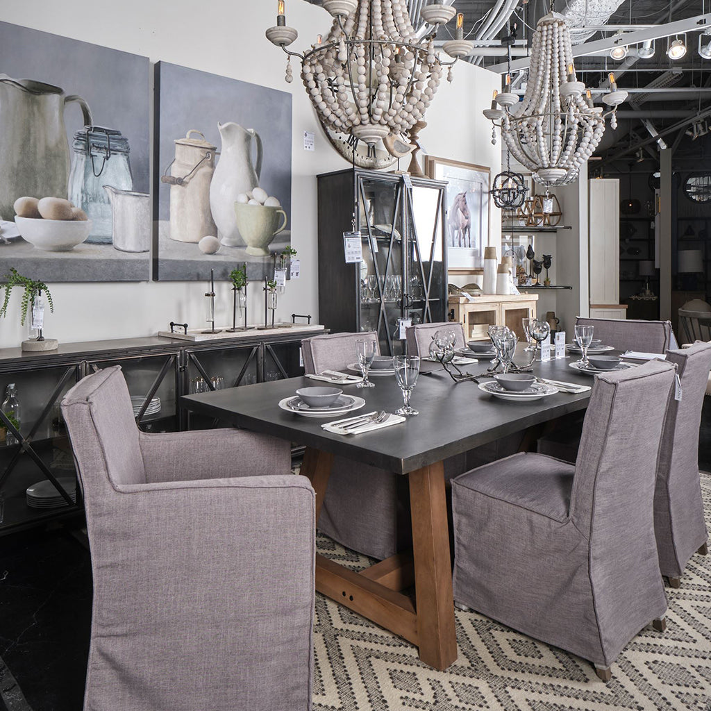 Gray Fabric Slip Cover With Brown Wooden Base Dining Chair
