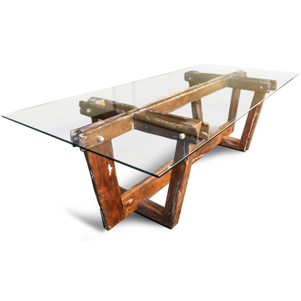 Frams | 100inch Modern Rustic Dining Table, Glass Top Oak Wood Base, SCANDI049