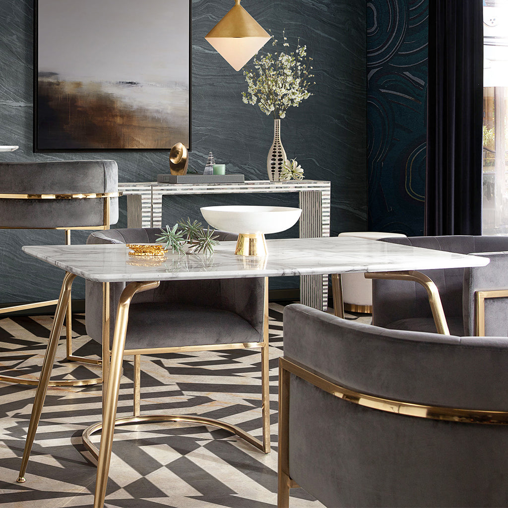 47" x 32" Chance Dining Table, Faux Marble Top, Metal Base, 4 Seater