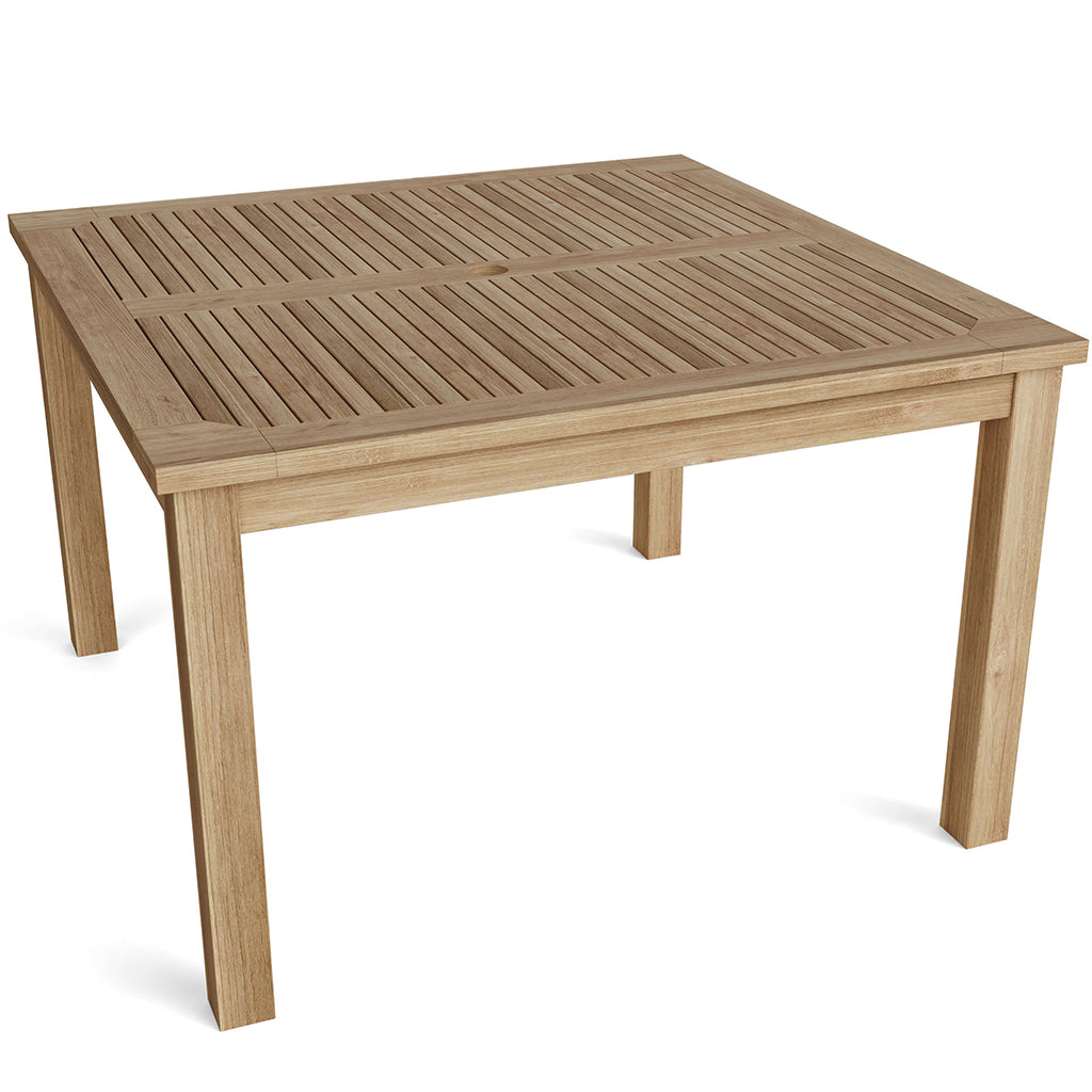 Windsor Nicest Small House Dining Table, Outdoor Slat Dining Table, Teak Wood, Square Wooden Table, TB-047SS Brand: Anderson Teak Size: 47inW x 47inD x 29inH; Weight: 80lb; Shape: Square; Material: Teak Wood Seating Capacity: Seats 2-4 people; Color: Neutral teak color; light wood