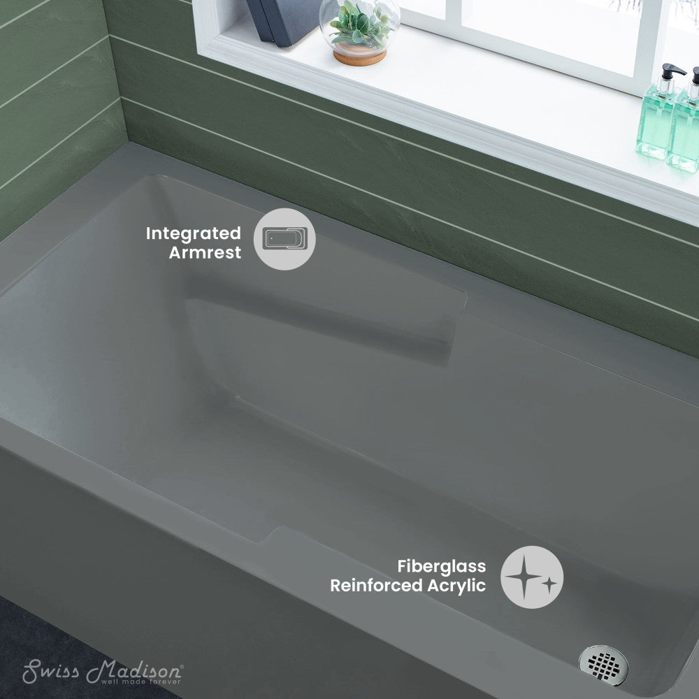 Swiss Madison Voltaire 60" x 32" Right-Hand Drain Alcove Bathtub with Apron and Armrest in Matte Grey