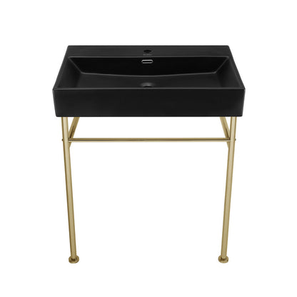 Swiss Madison Claire 30 Ceramic Console Sink Matte Black Basin Gold Legs