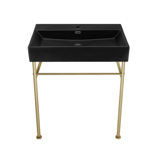 Swiss Madison Claire 30 Ceramic Console Sink Matte Black Basin Gold Legs