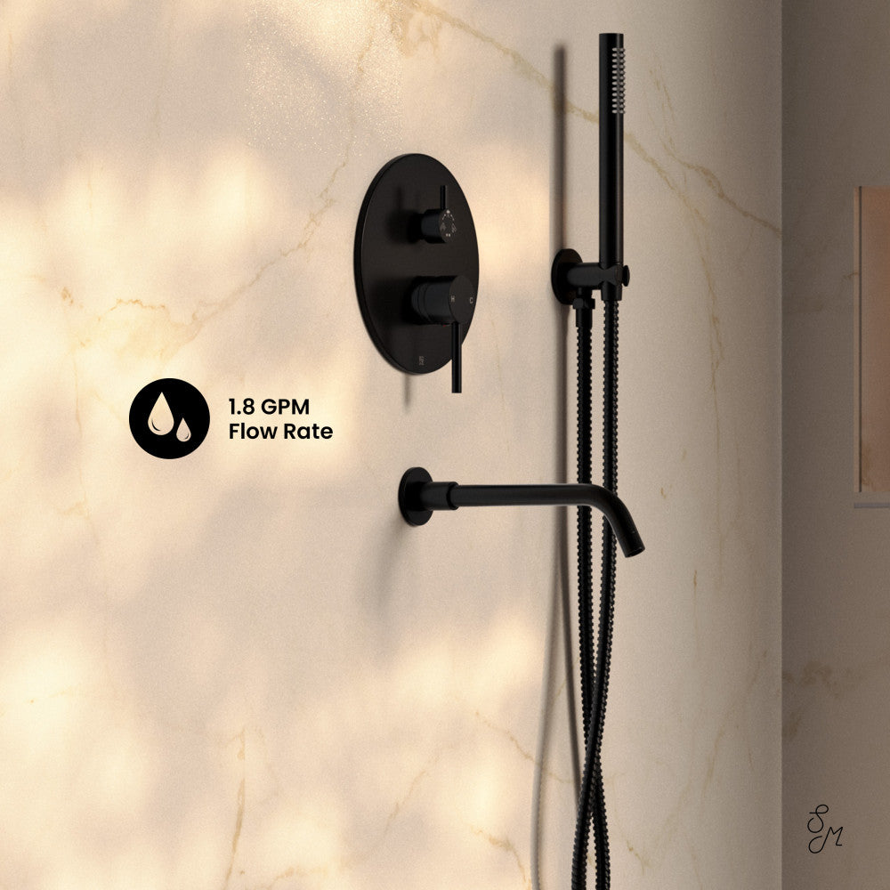 Swiss Madison Ivy 1.8 GPM Wall Mount Fixed Shower Head with Hand Sprayer and Tub Filler in Matte Black, Valve Included