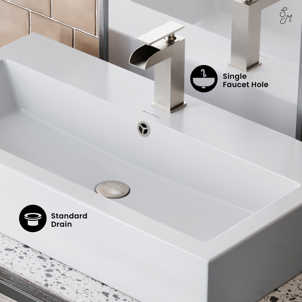 Swiss Madison Voltaire 32" Rectangle Vessel Sink in Glossy White with Faucet Mount