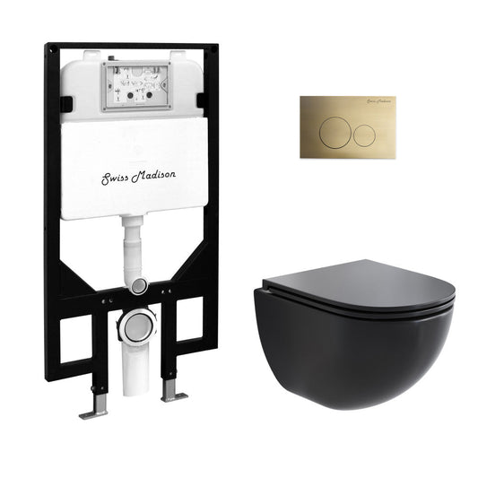 Swiss Madison St. Tropez Wall-Hung Toilet Bundle 0.8/1.6 GPF Dual Flush in Matte Black with Brass Flush Plate