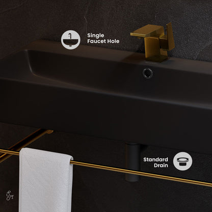 Swiss Madison Carre 36 Ceramic Console Sink Matte Black Basin Brushed Gold Legs