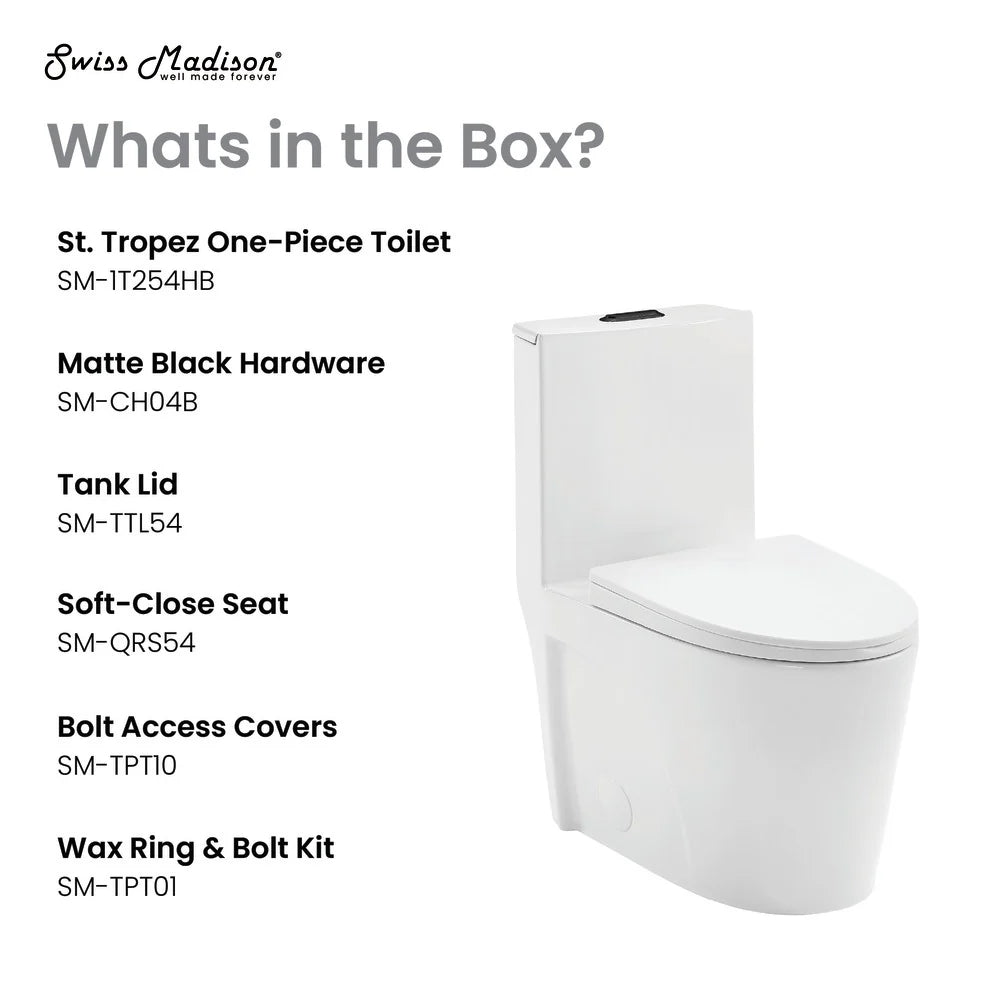Swiss Madison St. Tropez One Piece Elongated Toilet Dual Vortex™ Flush, Black Hardware