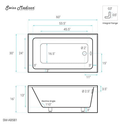 Swiss Madison Virage 60" x 30" Right-Hand Drain Alcove Bathtub with Apron