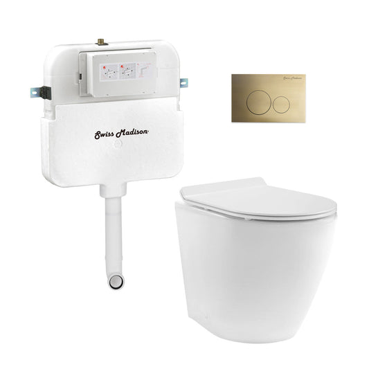 Swiss Madison St. Tropez Back-to-Wall Toilet Bundle 0.8/1.6 GPF Dual Flush in Glossy White with Brass Flush Plate