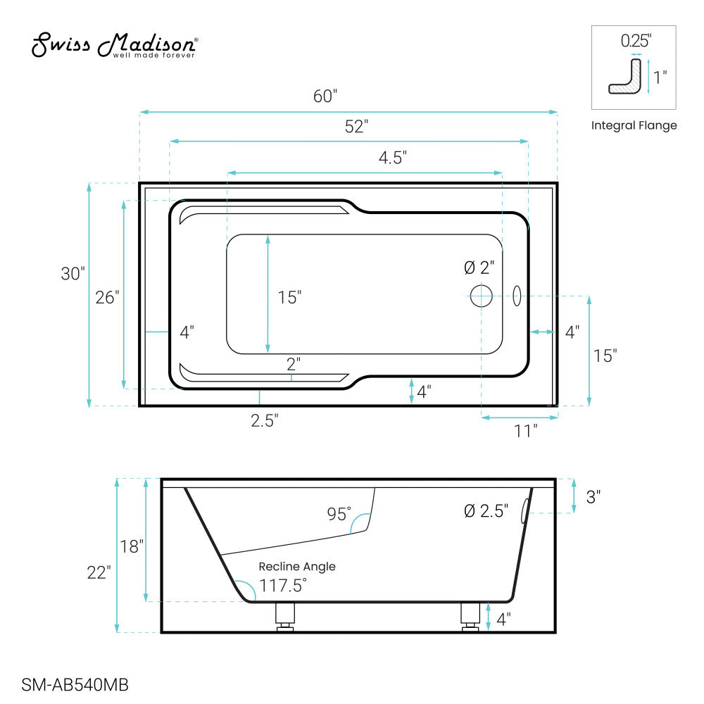 Swiss Madison Voltaire 60" x 30" Right-Hand Drain Alcove Bathtub with Apron in Matte Black