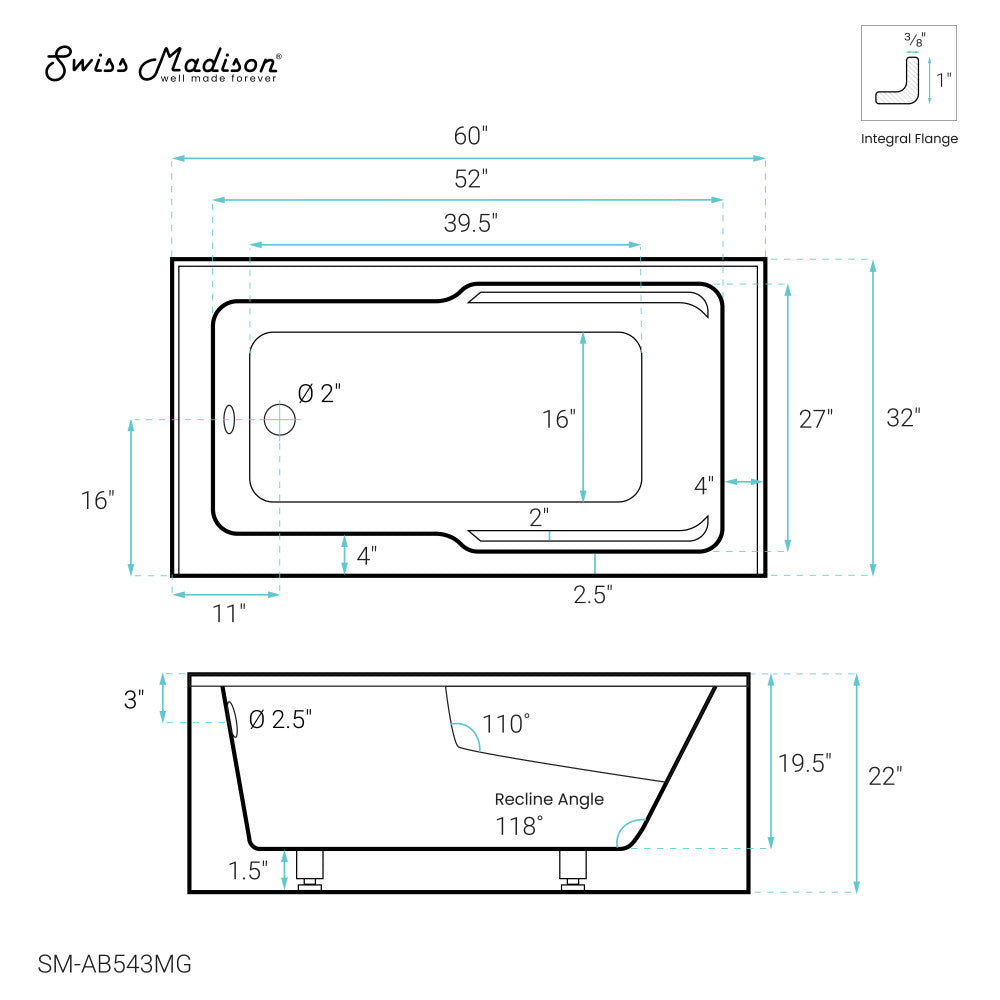 Swiss Madison Voltaire 60" x 32" Left-Hand Drain Alcove Bathtub with Apron and Armrest in Matte Grey