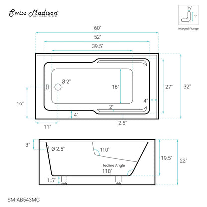 Swiss Madison Voltaire 60" x 32" Left-Hand Drain Alcove Bathtub with Apron and Armrest in Matte Grey