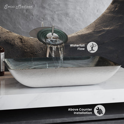 Swiss Madison Cascade Rectangular Glass Vessel Sink with Faucet, Smoky Grey