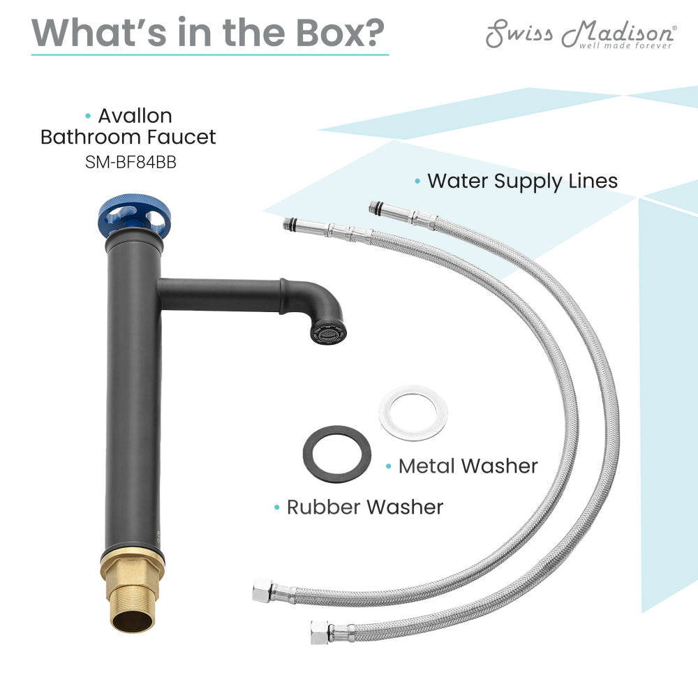 Swiss Madison Avallon Single Hole, Single-Handle Wheel, High Arc Bathroom Faucet in Matte Black with Blue Handles