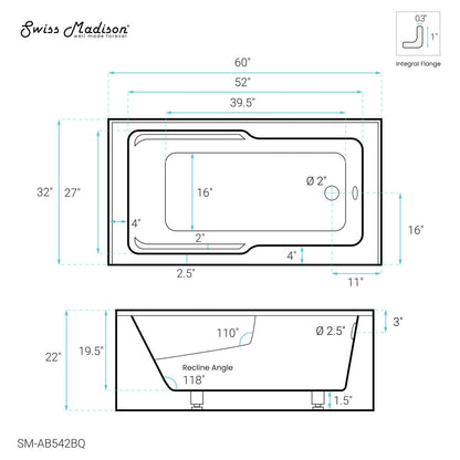 Swiss Madison Voltaire 60" x 32" Right-Hand Drain Alcove Bathtub with Apron in Bisque