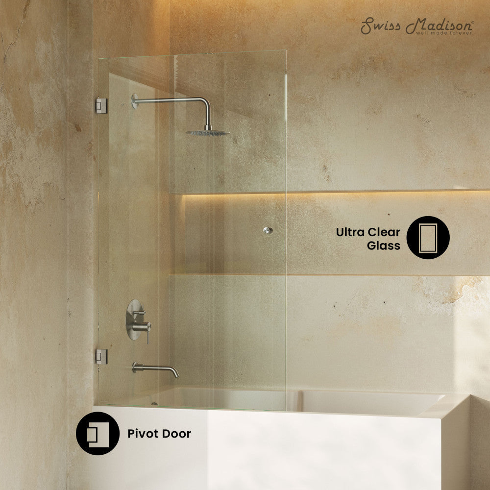 Swiss Madison Voltaire 24 x 58 Frameless Pivot 3/8 in. (10mm) Ultra Clear Tempered Glass Tub Door with Nickel Brushed Hardware