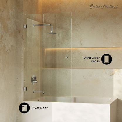 Swiss Madison Voltaire 24 x 58 Frameless Pivot 3/8 in. (10mm) Ultra Clear Tempered Glass Tub Door with Nickel Brushed Hardware