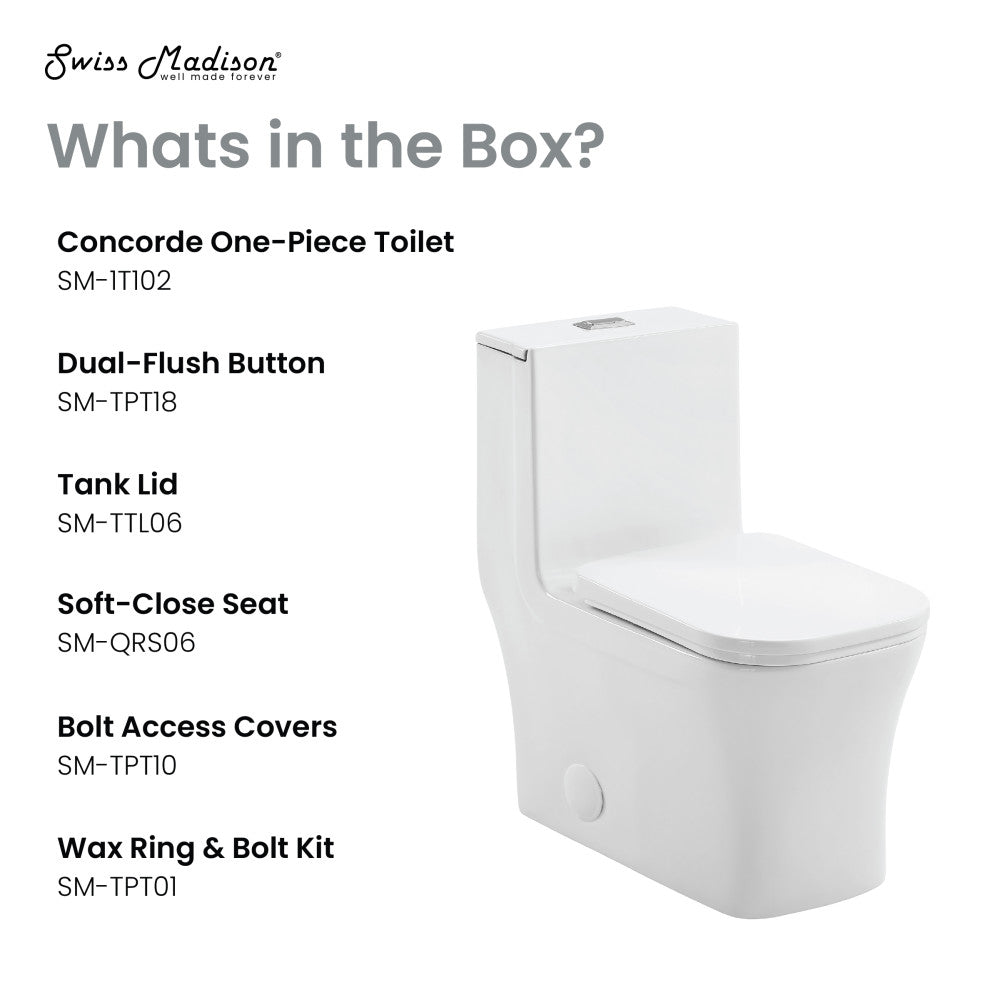 Swiss Madison Concorde One-Piece 14" Rough-in 1.1/1.6 GPF Dual Top Flush Square Toilet in Glossy White