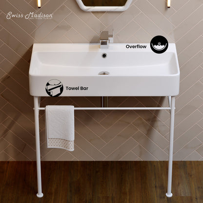 Swiss Madison Carre 36 Ceramic Console Sink White Basin Matte White Legs