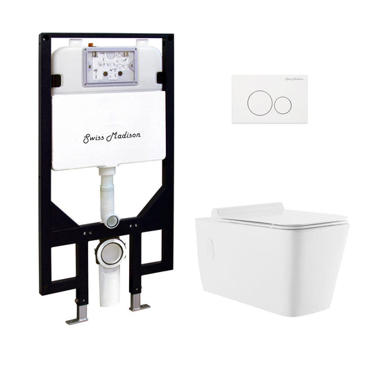 Swiss Madison Concorde Wall-Hung Toilet Bundle 0.8/1.6 GPF Dual Flush in Glossy White with White Flush Plate