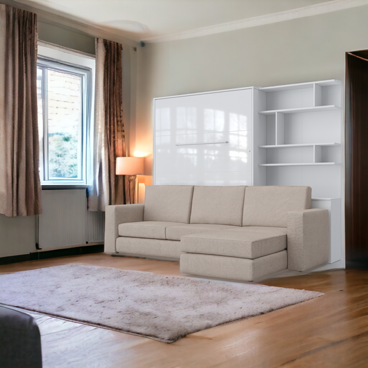 Maxima House Murphy bed INVENTO European Full XL Vertical with a Sectional Sofa and a Bookcase